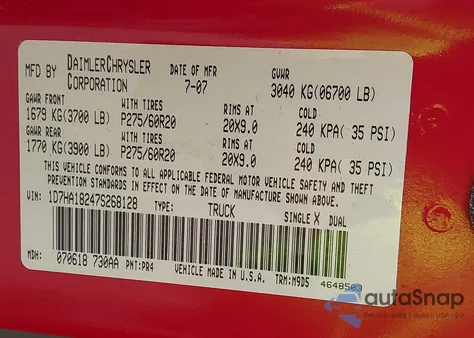 2007 Dodge Ram 1500 Slt from USA, damaged, VIN 1D7HA18247S268128